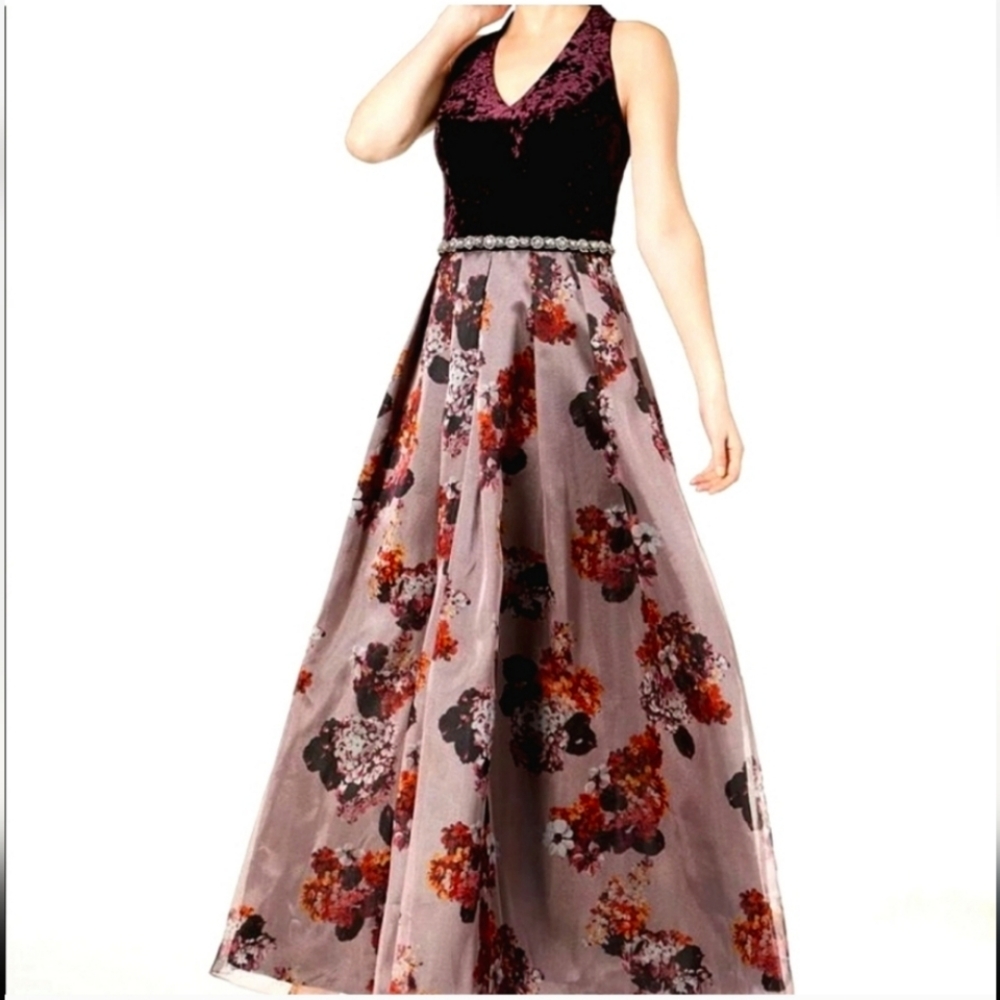 Ignite Evenings Purple Crushed Velvet w Organza Autumn Floral Halter Ball Gown